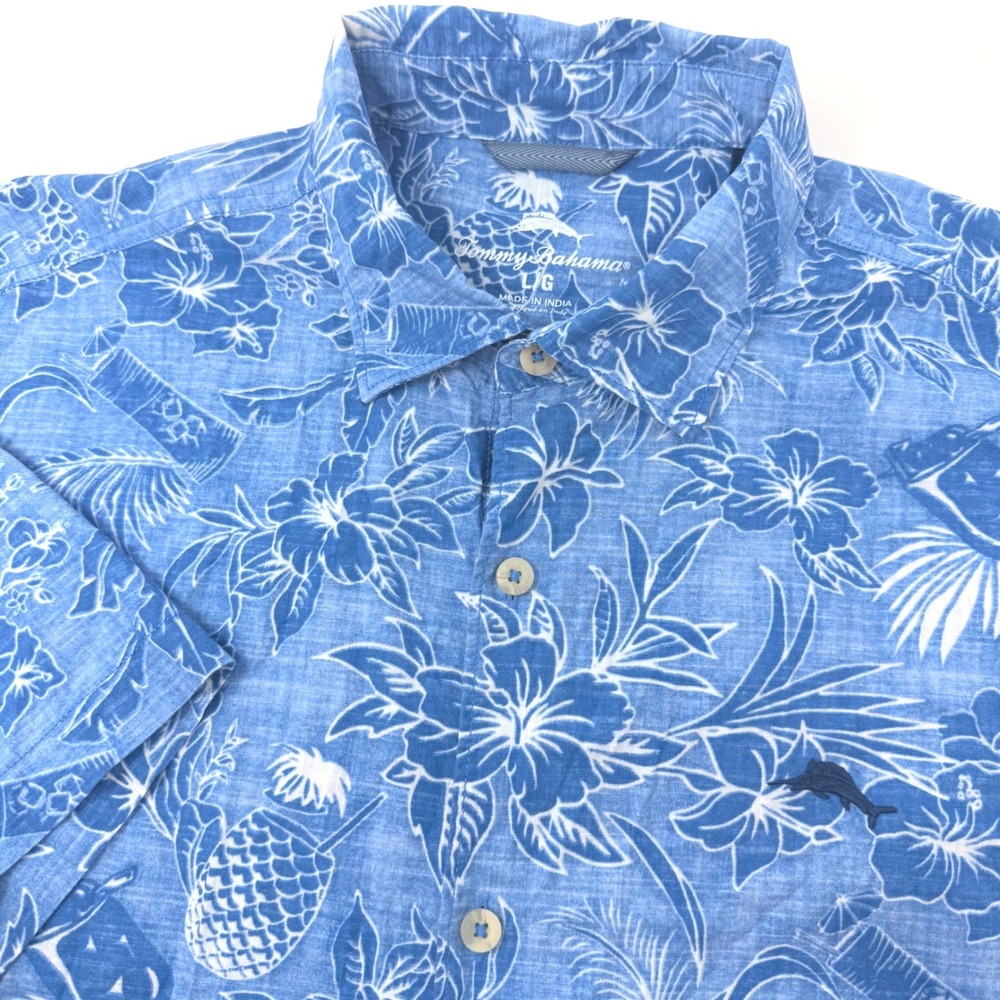 Tommy Bahama Mens Large Blue White Tropical Floral Pineapple Cotton Button Shirt